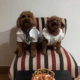 Anthony con corbata y Loretta con vestido, sentados en un sillón